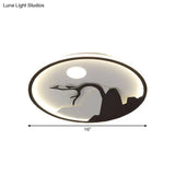 Metallic Round Asian Style Led Wall Mounted Light With Moon And Bird/Lotus Pattern - Black