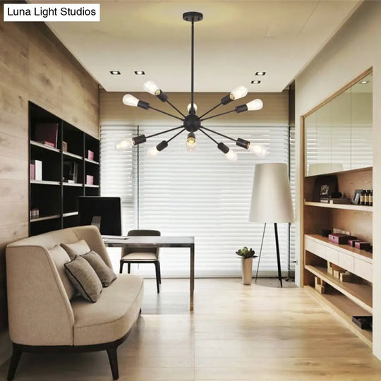 Metallic Sun Burst Industrial Chandelier With Bare Bulb Pendant Fixture