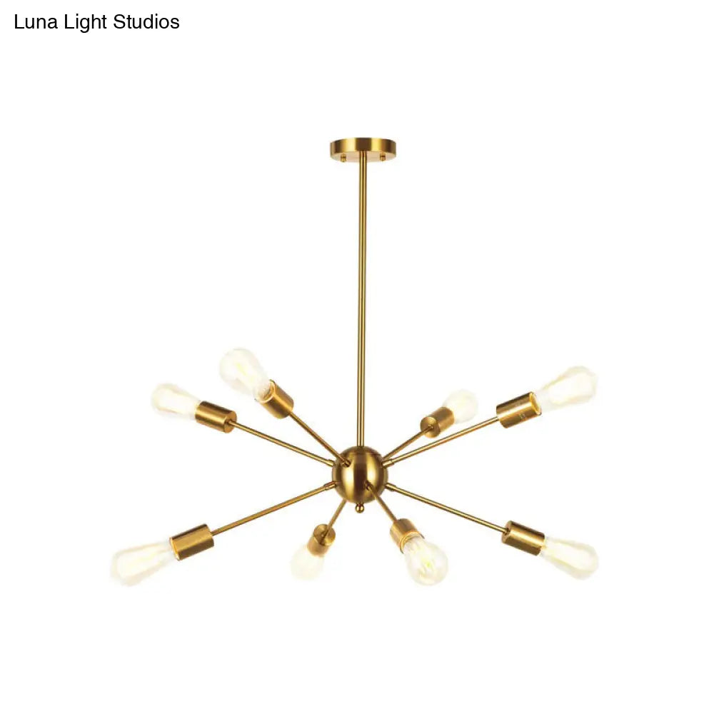 Metallic Sun Burst Industrial Chandelier With Bare Bulb Pendant Fixture 8 / Brass