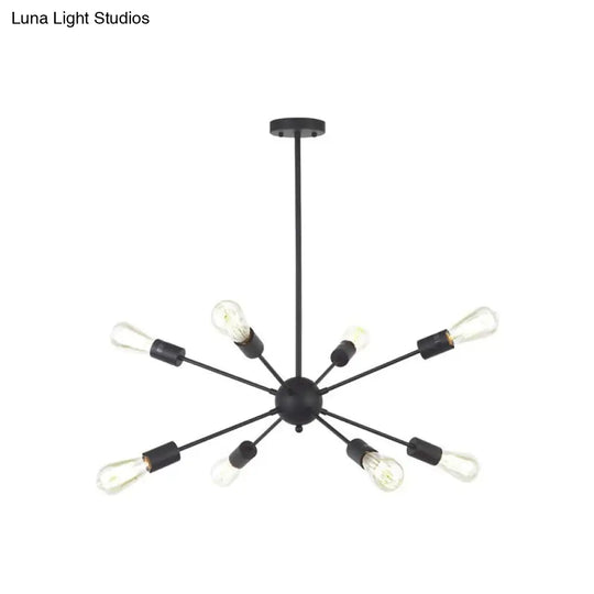 Metallic Sun Burst Industrial Chandelier With Bare Bulb Pendant Fixture 8 / Black