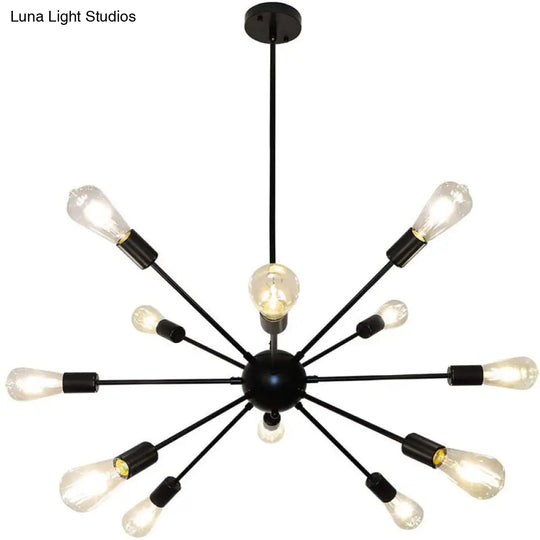 Metallic Sun Burst Industrial Chandelier With Bare Bulb Pendant Fixture 12 / Black