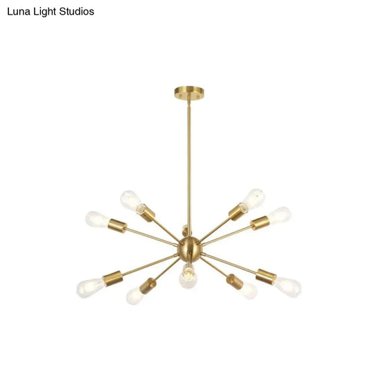 Metallic Sun Burst Industrial Chandelier With Bare Bulb Pendant Fixture 10 / Brass
