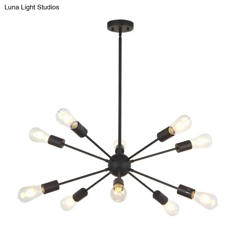 Metallic Sun Burst Industrial Chandelier With Bare Bulb Pendant Fixture 10 / Black