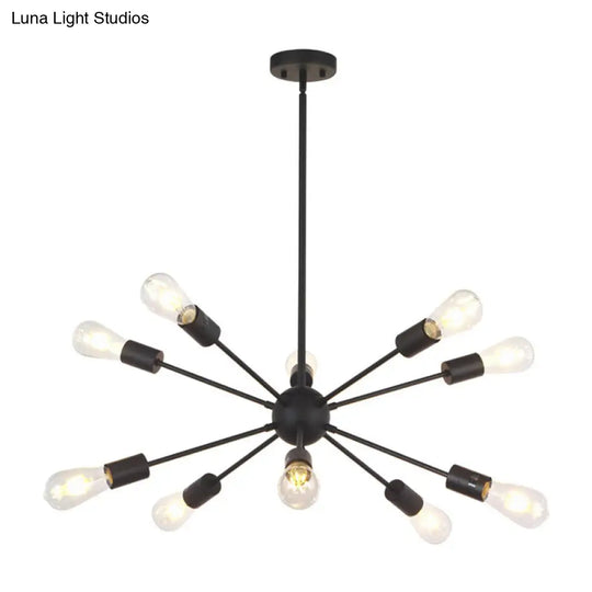 Metallic Sun Burst Industrial Chandelier With Bare Bulb Pendant Fixture 10 / Black