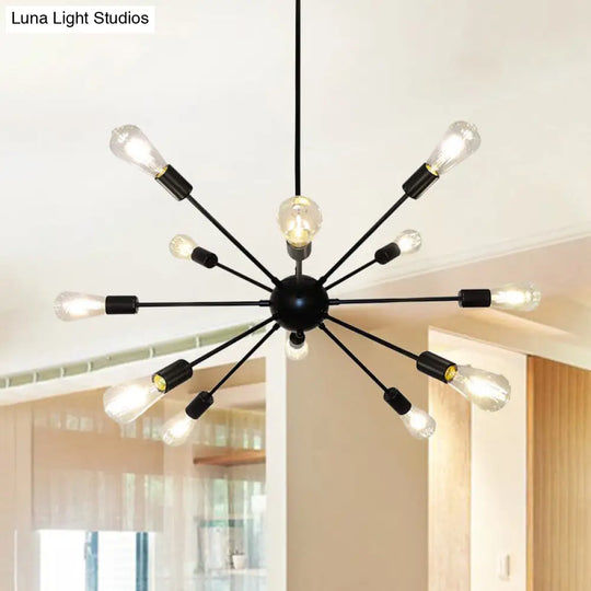 Metallic Sun Burst Industrial Chandelier With Bare Bulb Pendant Fixture