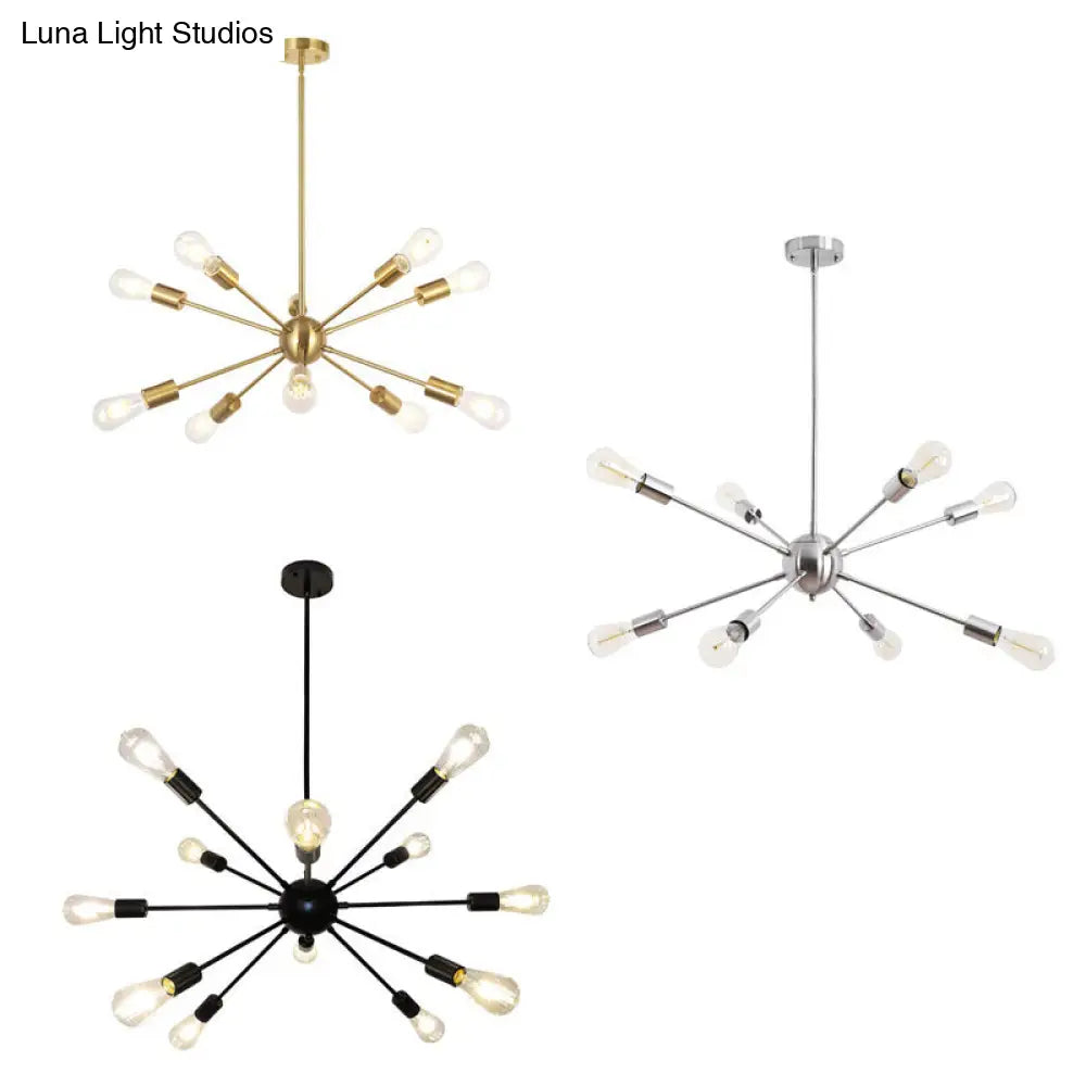 Metallic Sun Burst Industrial Chandelier With Bare Bulb Pendant Fixture