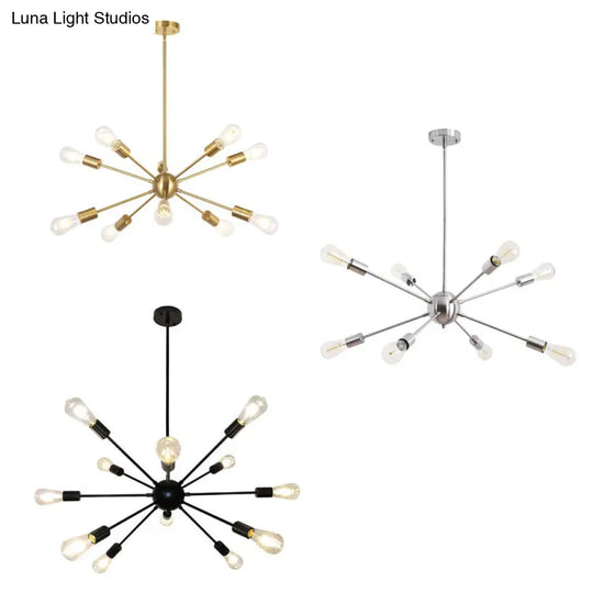 Metallic Sun Burst Industrial Chandelier With Bare Bulb Pendant Fixture