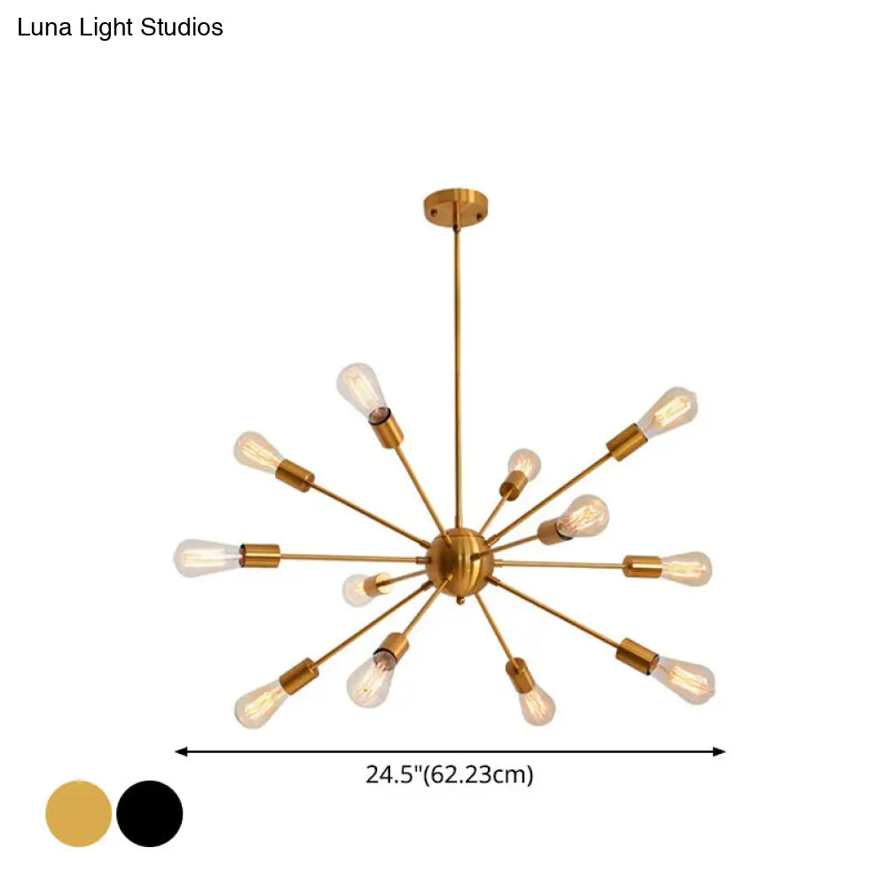 Metallic Sun Burst Industrial Chandelier With Bare Bulb Pendant Fixture