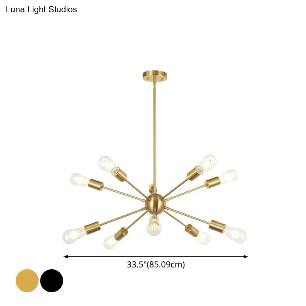 Metallic Sun Burst Industrial Chandelier With Bare Bulb Pendant Fixture