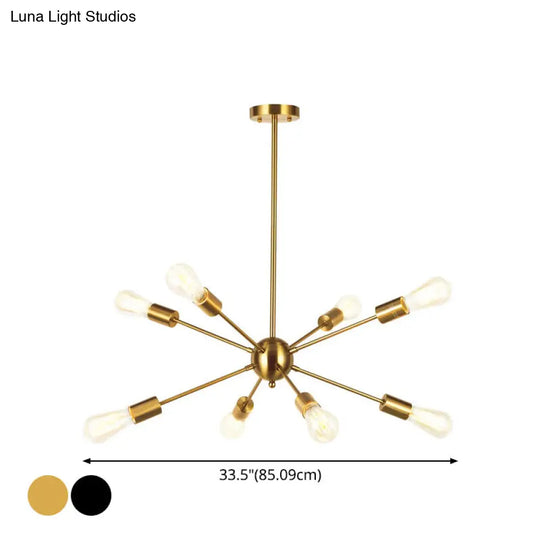 Metallic Sun Burst Industrial Chandelier With Bare Bulb Pendant Fixture
