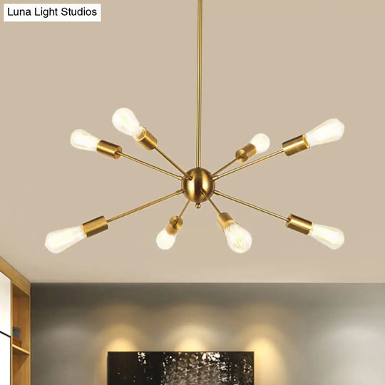 Metallic Sun Burst Industrial Chandelier With Bare Bulb Pendant Fixture