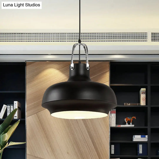 Metallic Urn Pendant Light - Industrial 1-Head Suspension Lamp For Dining Room In White/Black