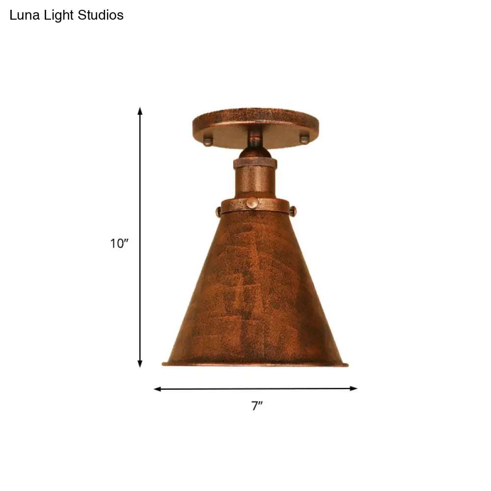 Metallic Vintage Style Rust/Copper Semi Flush Light Fixture - 1 Tapered Indoor Design