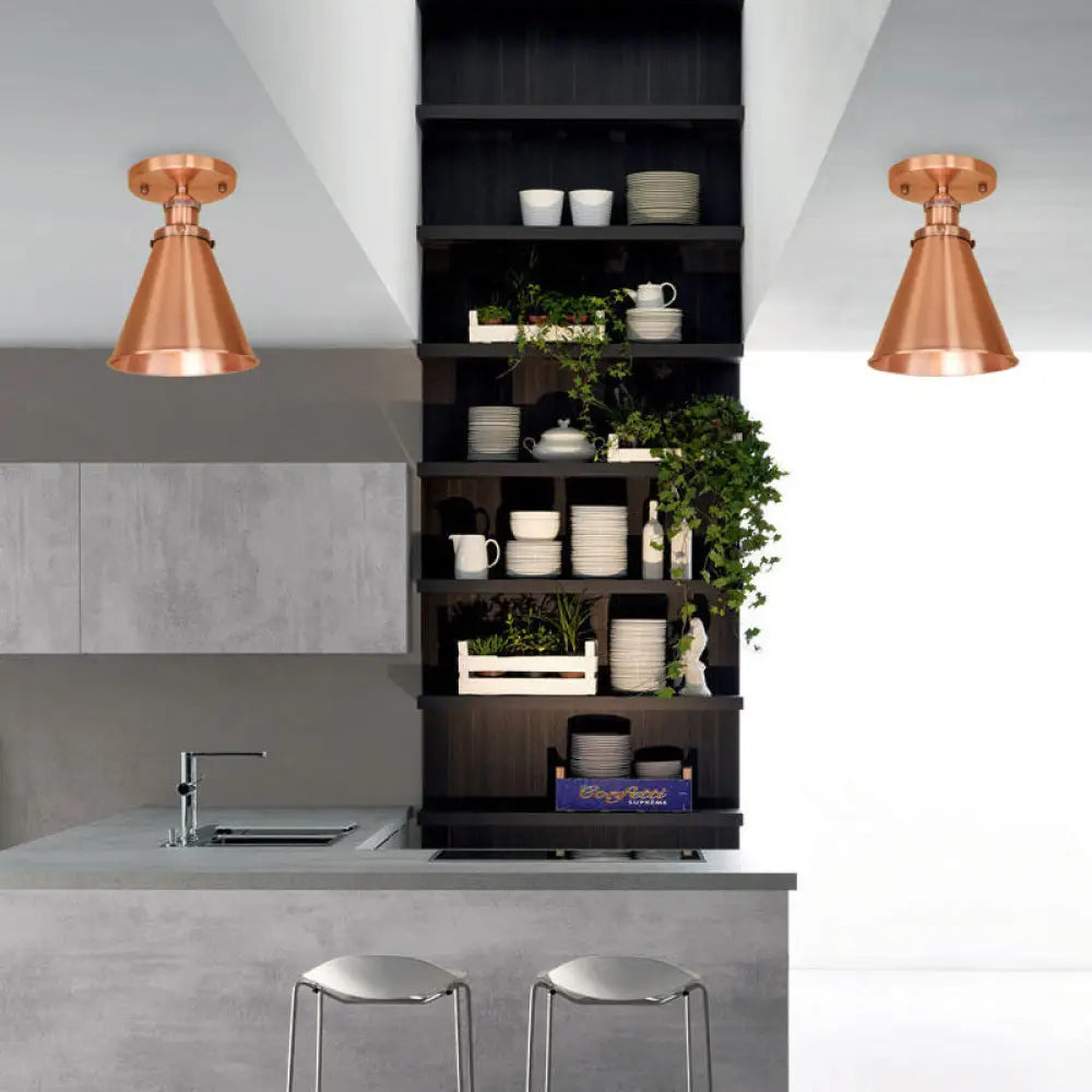 Metallic Vintage Style Rust/Copper Semi Flush Light Fixture - 1 Tapered Indoor Design Copper