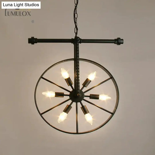 Metallic Wheel Chandelier Lamp Art Deco 6 Lights White/Black/Rust Pendant Ceiling Light For