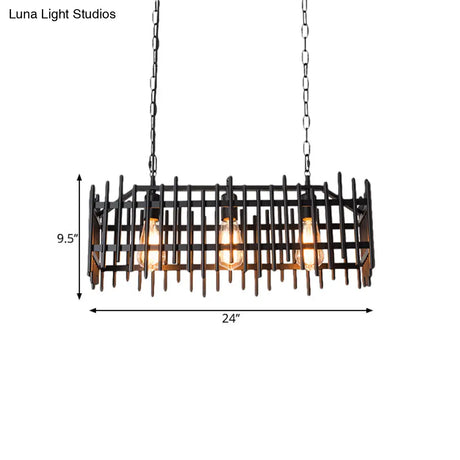 Metallic Wire Cage Island Light: Antique Style 3-Light Farmhouse Lamp In Black/Rust