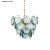 Mid Century 3-Tiered Blue Glass Chandelier - 7-Light Pendant Ceiling Light For Living Room