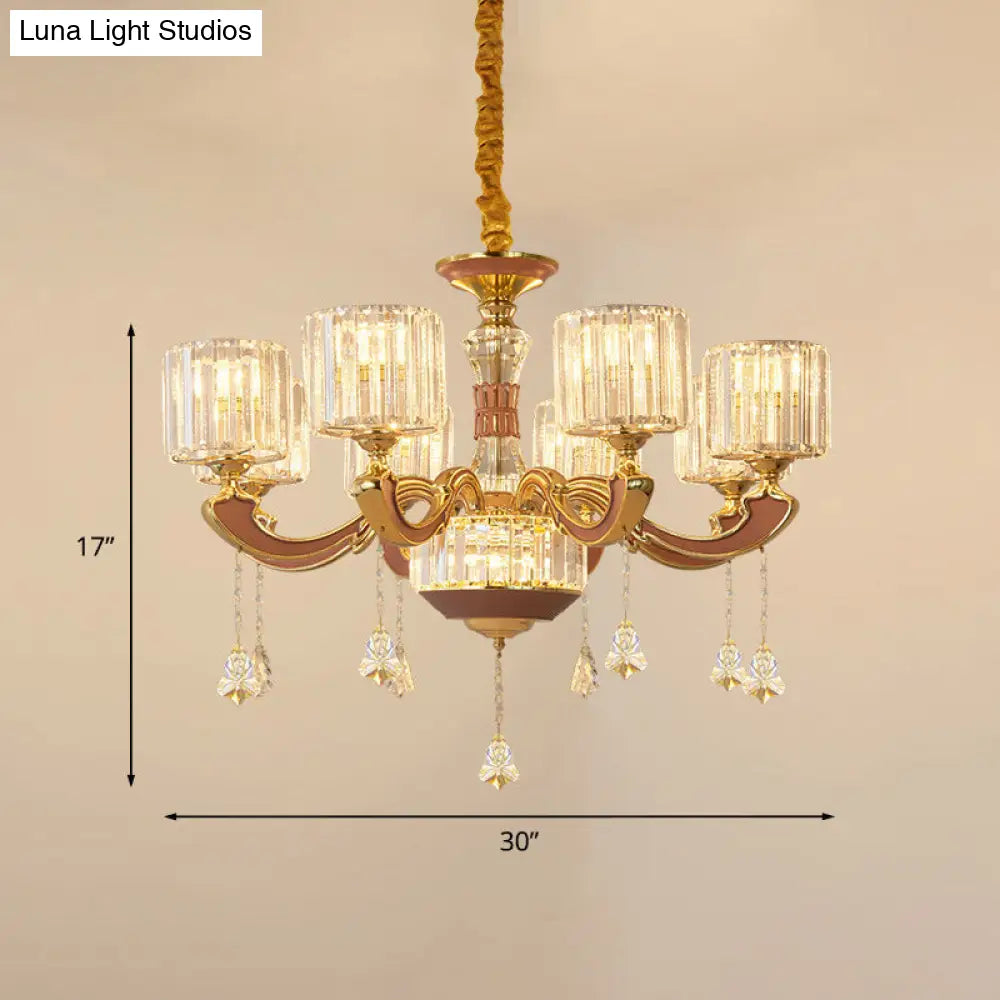 Mid Century 8-Light Crystal Block Chandelier Pendant Lamp - Gold Finish
