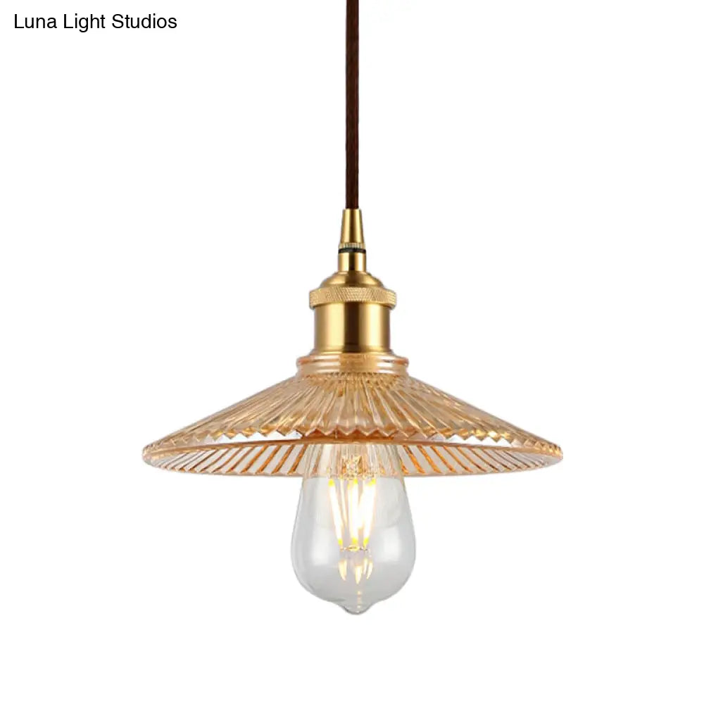 Mid Century Amber Glass Ribbed Cone Pendant Light - Single Bulb Ceiling Suspension For Restaurants