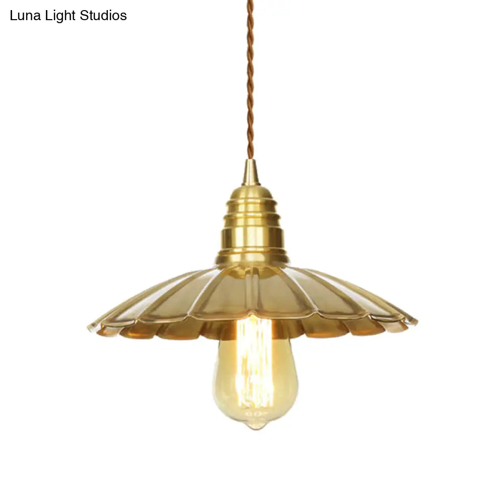 Mid-Century Brass Dining Table Pendant Light - 9.5/8 W 1 Bulb Amber Glass Shade