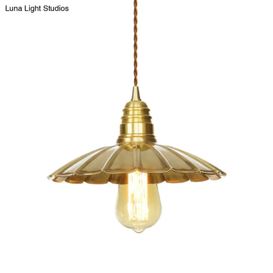 Mid-Century Brass Dining Table Pendant Light - 9.5/8 W 1 Bulb Amber Glass Shade