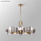 Mid-Century Curved Glass Chandelier Lamp - Open Bulb Design Gold Hanging 6/8-Bulb Fixture