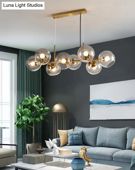 Mid-Century Gold Island Pendant Light - 8 Lights Spherical Glass Perfect For Dining Table