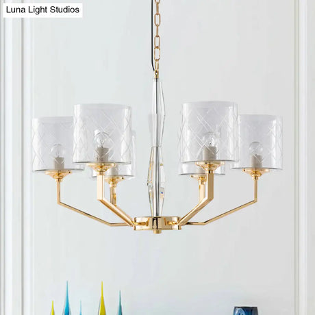 Mid Century Gold Lattice Glass Chandelier - 6 Lights Pillar Style - Bedroom Pendant Gold