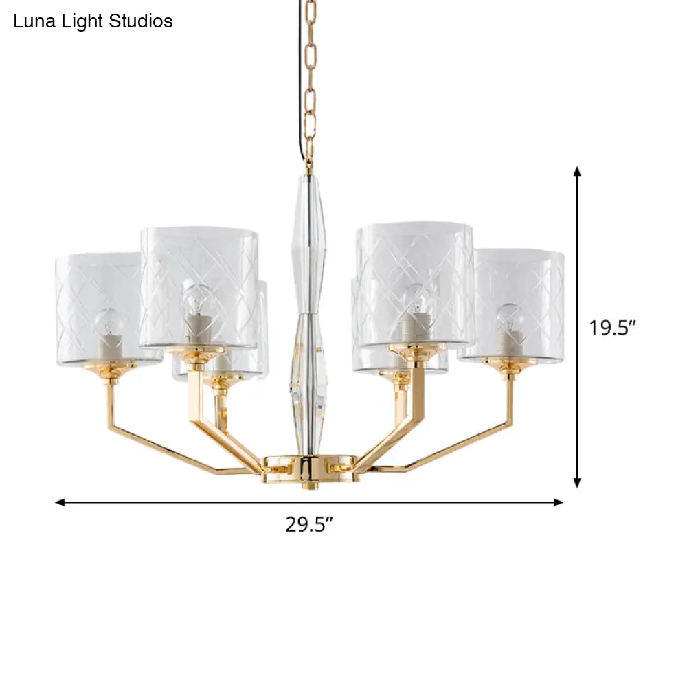 Mid Century Gold Lattice Glass Chandelier - 6 Lights Pillar Style - Bedroom Pendant Gold