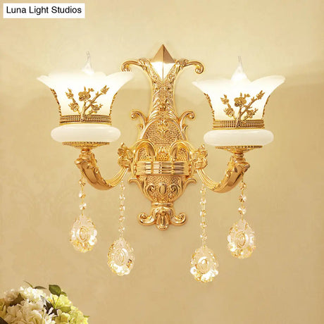Mid-Century Gold Wall Mounted Lamp With Frosted Glass - Flower Bedside Light Fixture