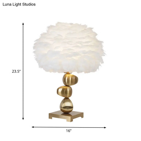 Mid-Century Metal Cobby Table Lamp With Soft White Feather Shade For Bedroom