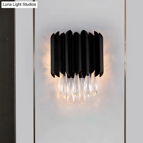 Mid Century Metal Wall Sconce With Crystal Droplets In Black - 2-Light Flush Mount