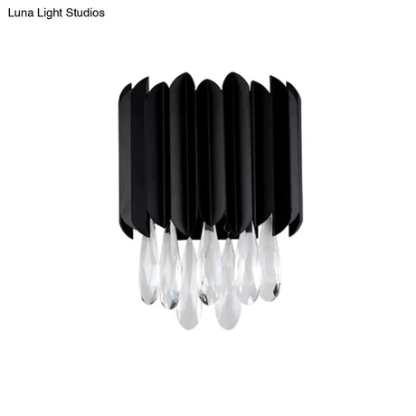 Mid Century Metal Wall Sconce With Crystal Droplets In Black - 2-Light Flush Mount