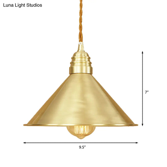 Mid Century Pendant Light Fixture With Metallic Brass Finish & Tapered Shade