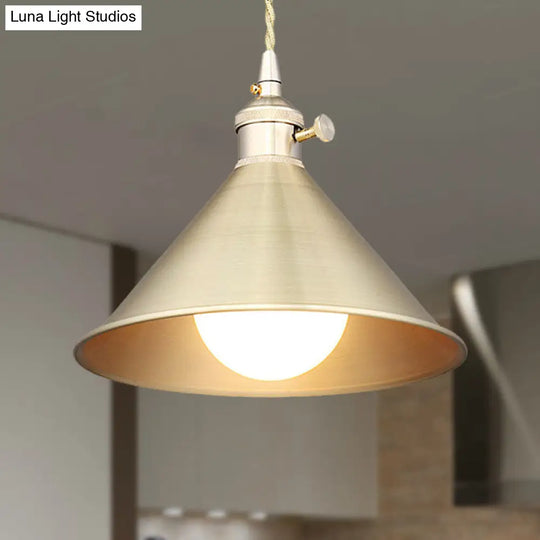 Mid Century Pendant Light With Metallic Brass Finish And Tapered Shade