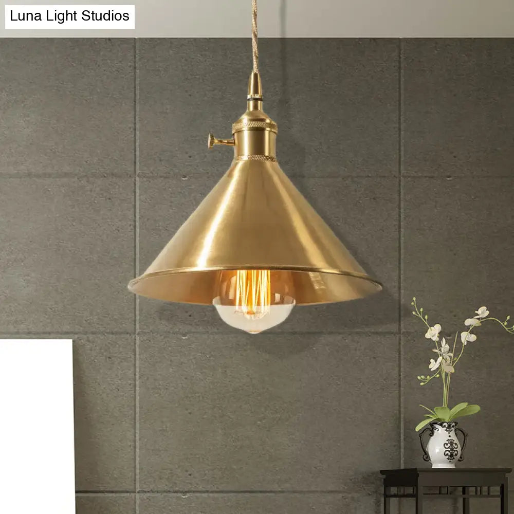 Mid Century Pendant Light Fixture With Metallic Brass Finish & Tapered Shade