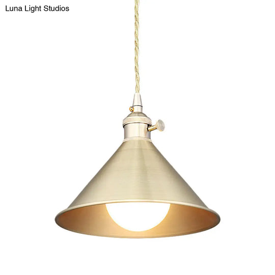 Mid Century Pendant Light With Metallic Brass Finish And Tapered Shade