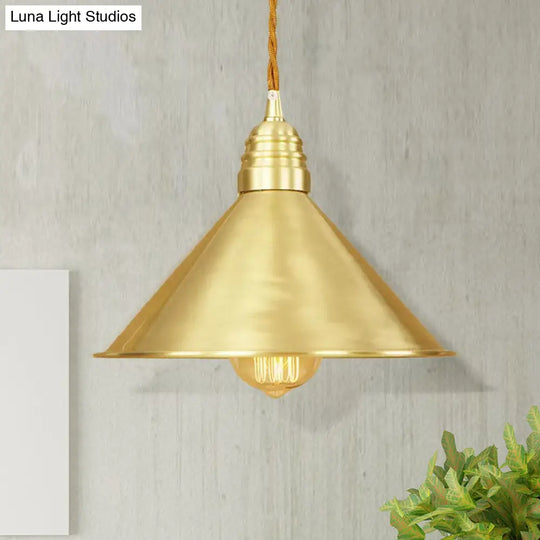 Mid Century Pendant Light Fixture With Metallic Brass Finish & Tapered Shade