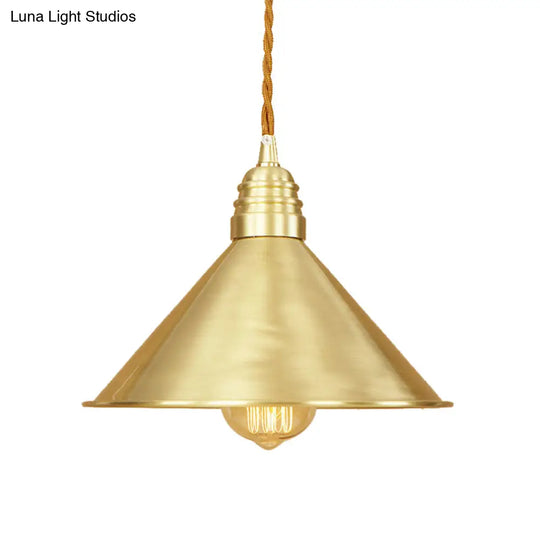 Mid Century Pendant Light With Metallic Brass Finish And Tapered Shade