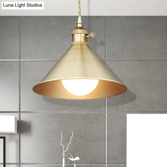 Mid Century Pendant Light With Metallic Brass Finish And Tapered Shade