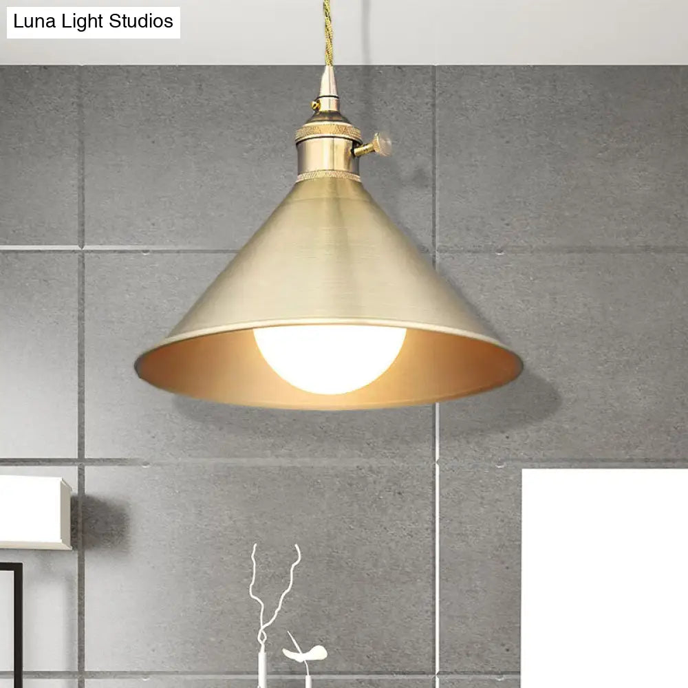 Mid Century Pendant Light Fixture With Metallic Brass Finish & Tapered Shade