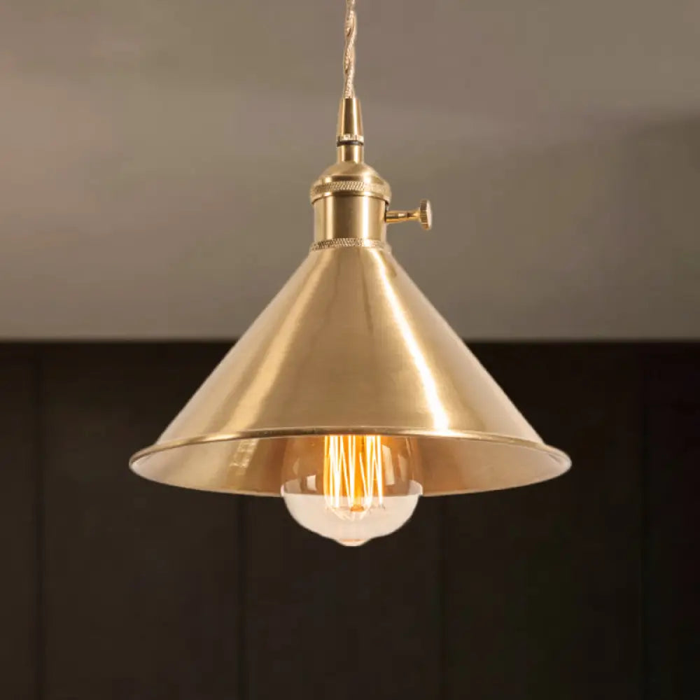 Mid Century Pendant Light Fixture With Metallic Brass Finish & Tapered Shade / B