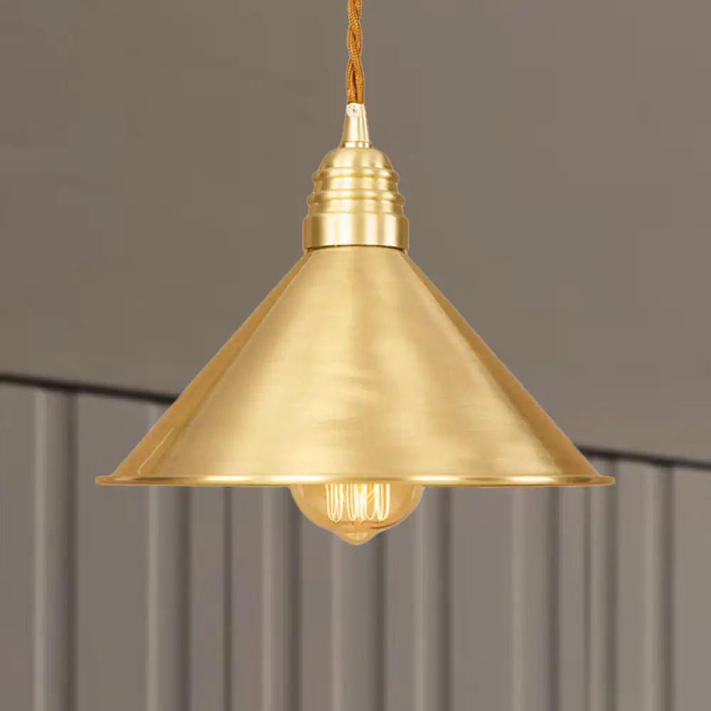 Mid Century Pendant Light Fixture With Metallic Brass Finish & Tapered Shade / D