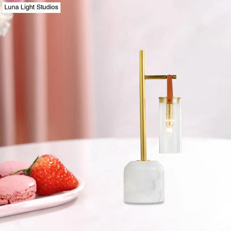 Mid Century Tube Seedy Glass Table Light With Leather Strap And Marble Base - Gold Finish