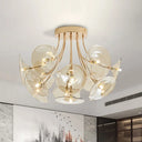 Mid - Century Wide Flare Amber Glass Semi Flush Light - Gold Finish Ceiling Fixture For Living Room