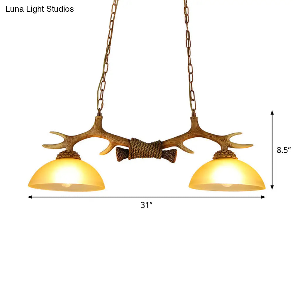 Rustic Milk Glass Bowl Pendant Light With Faux Antler - Perfect For Dining Room