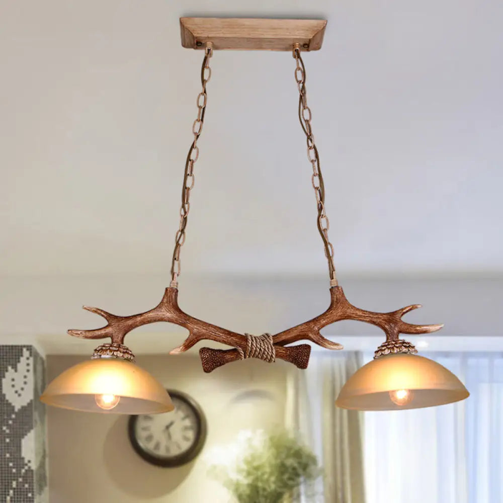 Milk Glass Bowl Pendant Light with Faux Antler for Dining Room Rural Island Style (2 Bulbs) Brown