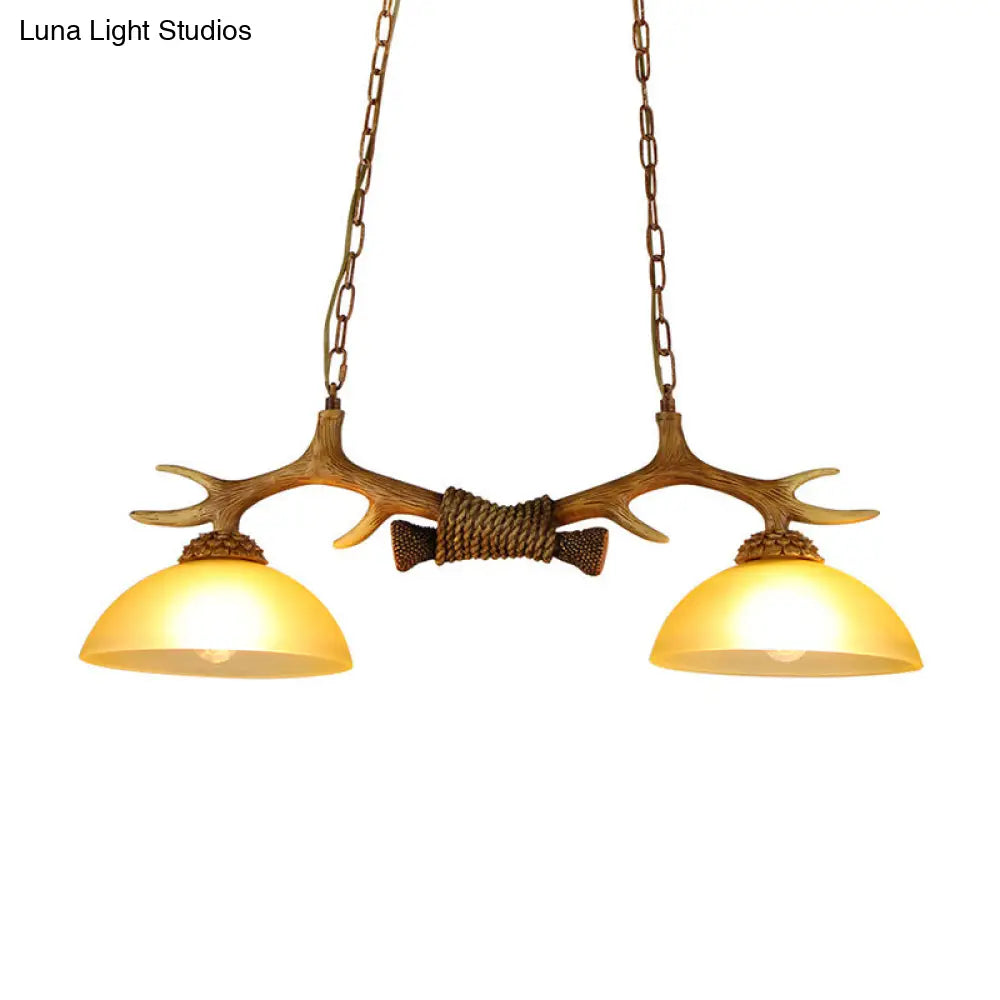 Milk Glass Bowl Pendant Light with Faux Antler for Dining Room Rural Island Style (2 Bulbs) Brown