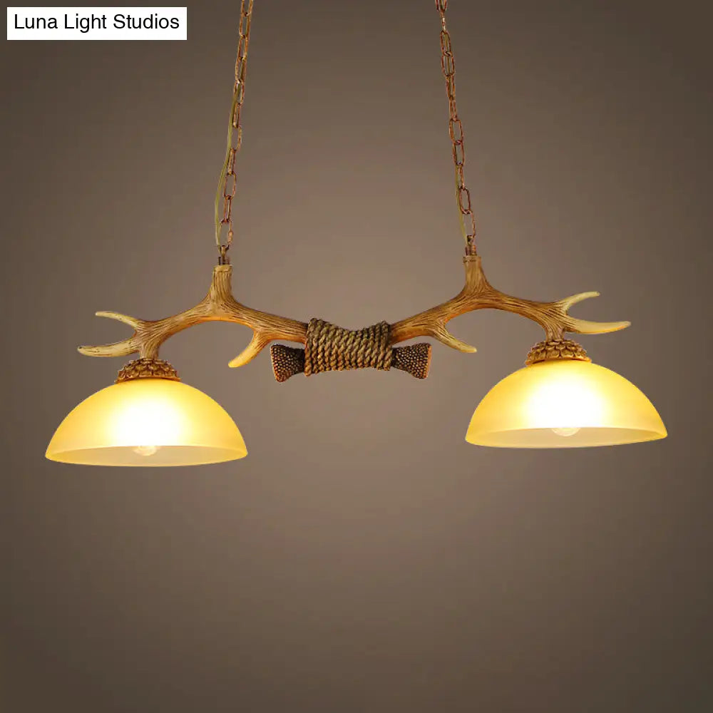 Milk Glass Bowl Pendant Light with Faux Antler for Dining Room Rural Island Style (2 Bulbs) Brown