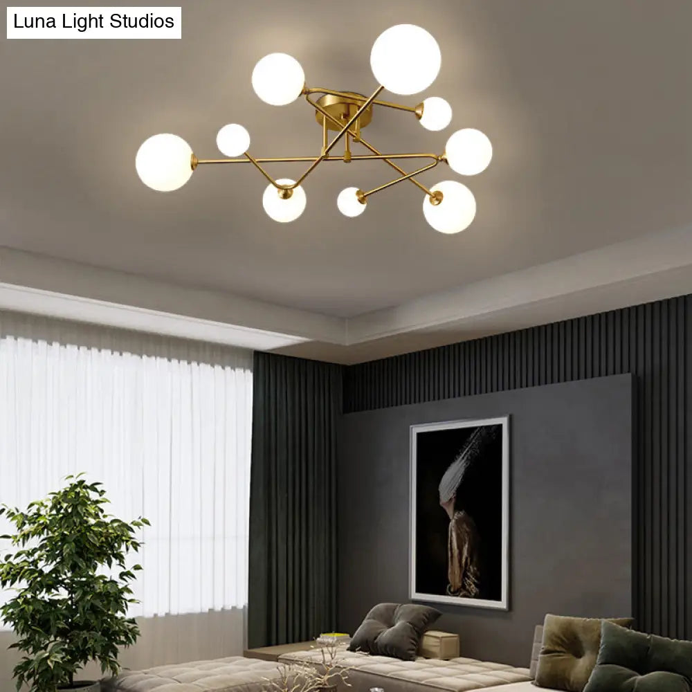 Milk Glass Orb Ceiling Light: Postmodern Brass Flush Mount